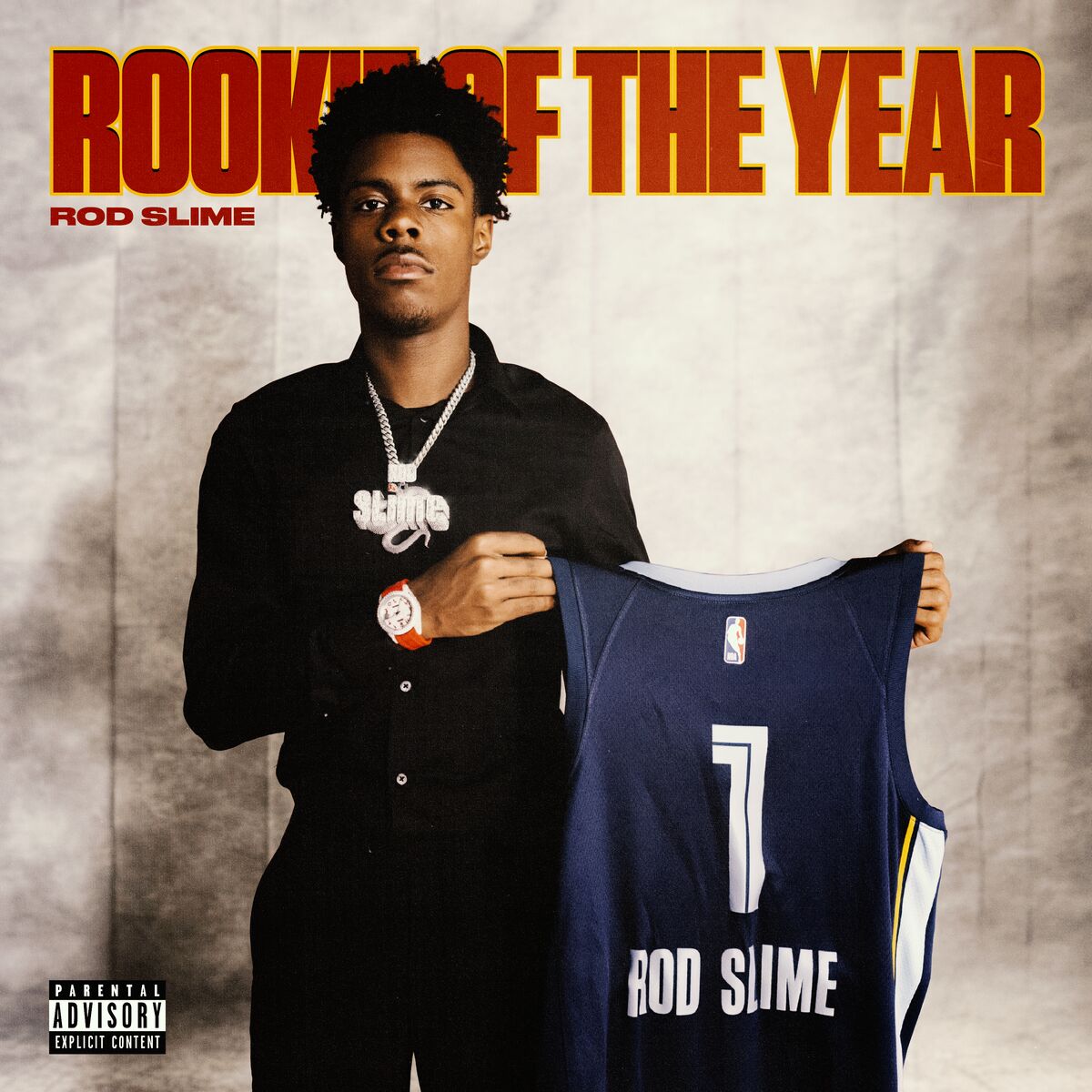 Rookie of the Year cover art: RodSlime holding a navy number 1 jersey with his name on it.